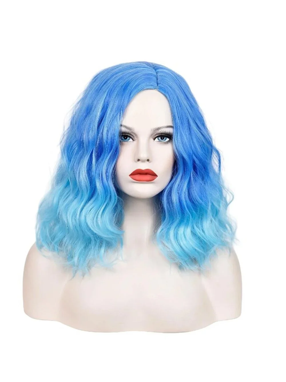 Women's Blue Ombre Wavy Curly Bob Wig Heat Resistant Cosplay Halloween Party